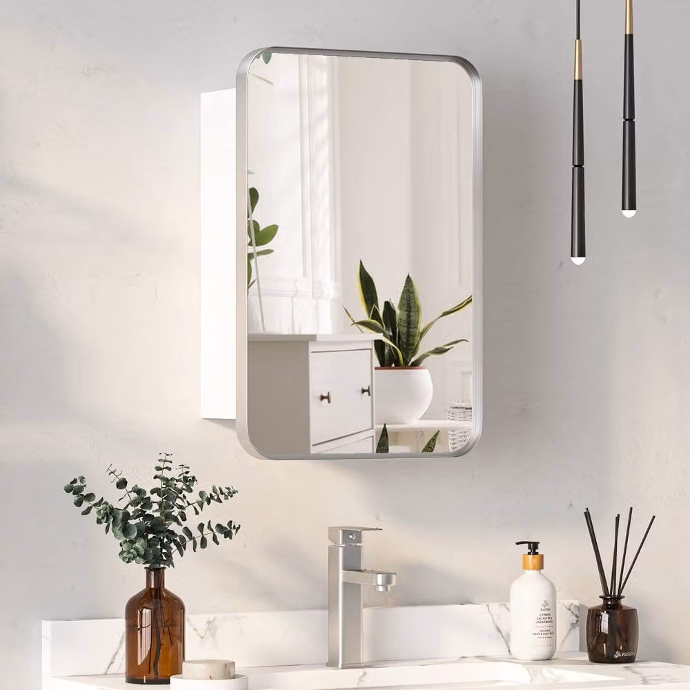 KEEPREAPER Modern Silver Metal Framed Wall Mounted Bathroom Mirror Cabinet with Hinged Glass Doors and Internal Shelves