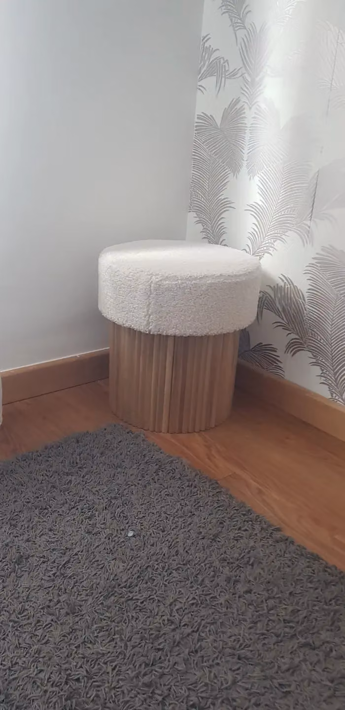 Nordlys White Bouclé Cylindrical Living Room Pouf with Brown Wooden Base – 3