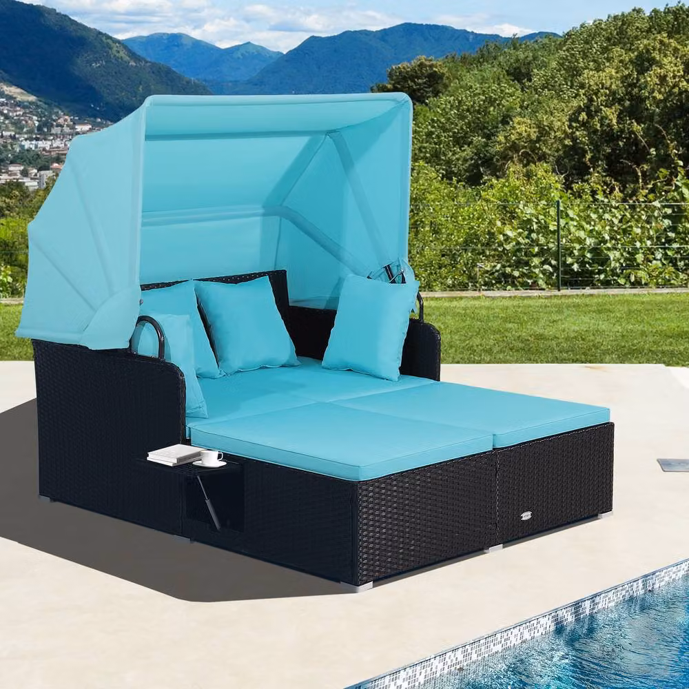 Gymax 2 Seater Blue Rattan Garden Daybed with Sun Canopy and Side Tray – 4