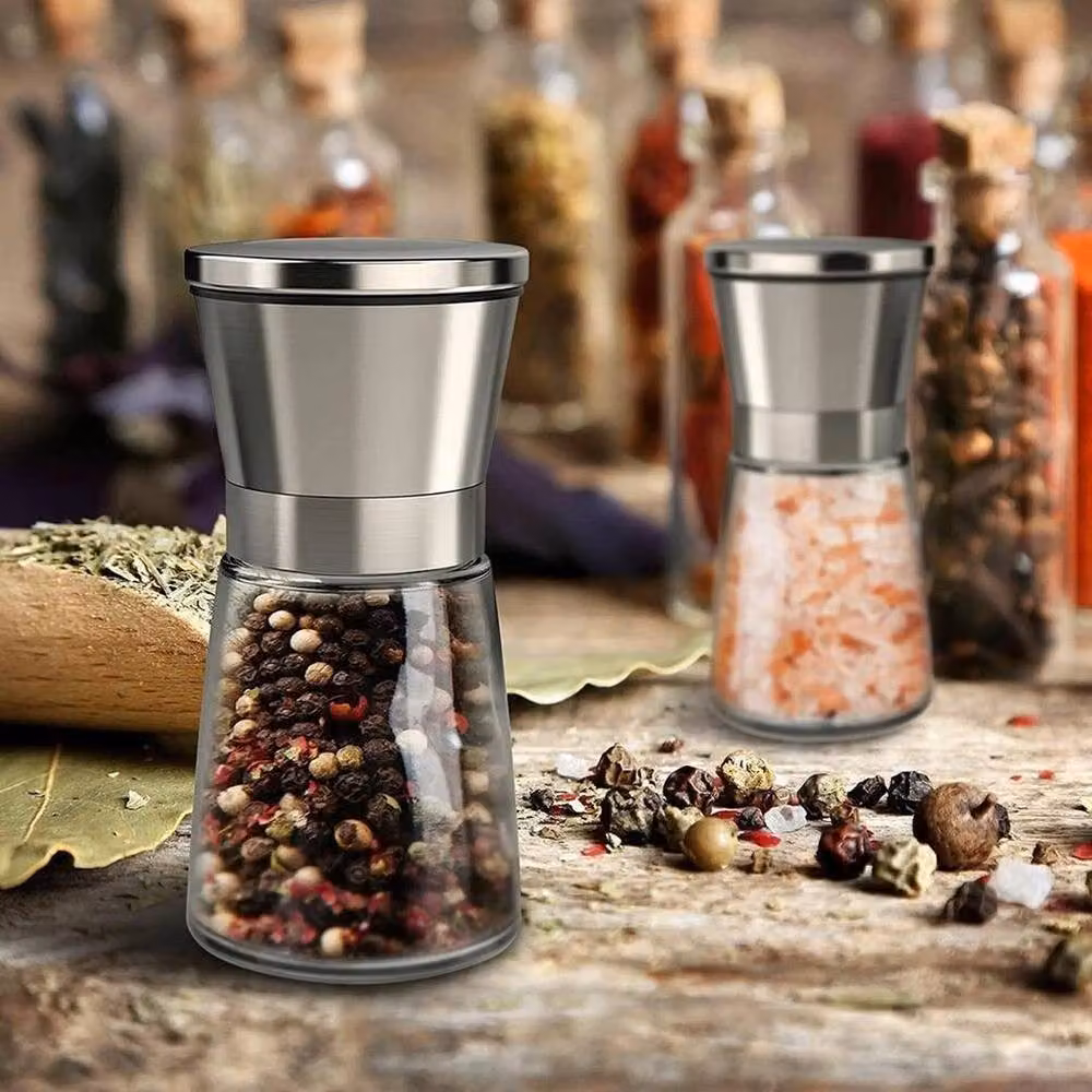 FLAVORA 2-Piece Salt and Pepper Grinder Set in Silver Stainless Steel and Glass – 3