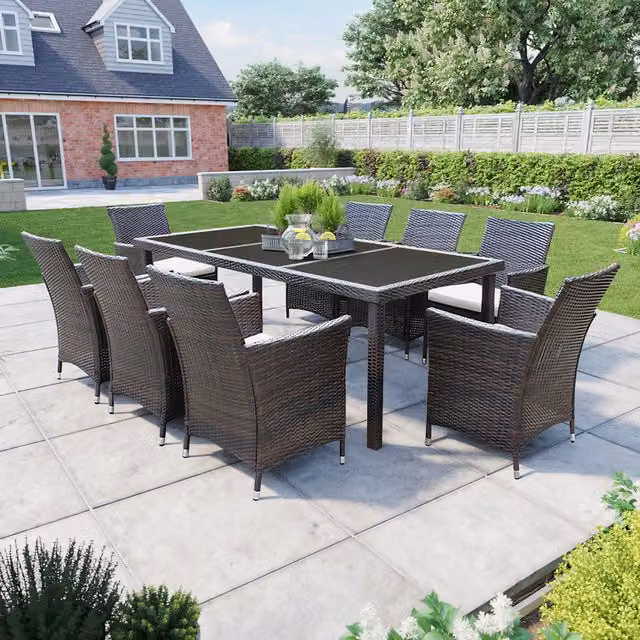 BillyOh Siena 8 Seater Rectangular Rattan Dining Set with Glass Top in Black