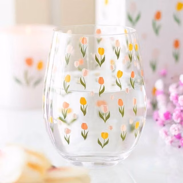 Uniqueful Multicolour Floral Tulip Print Glass Tumbler, 450 ml