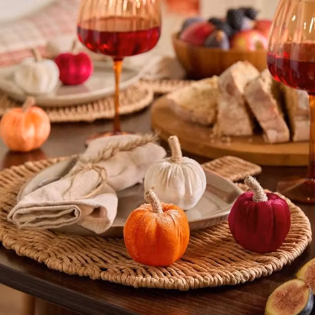 OHS 6 Pack Mini Autumn Velvet Pumpkin Tabletop Decor in Orange, Pink and Beige