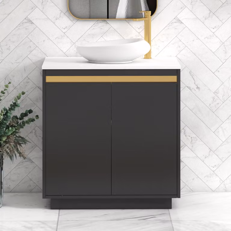 Royal Bathrooms Orion 800mm Matt Obsidian Black Floor Standing 2 Door Vanity Unit with White Nova Basin and Brushed Brass Trim