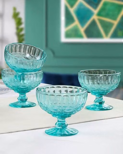 Dibor Set of 4 Vintage Turquoise Glass Dessert Bowls, Blue, H: 10 cm, W: 12 cm – 1
