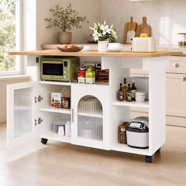 STILVORA Modern Kitchen Island Trolley with Folding Sides and Storage in White