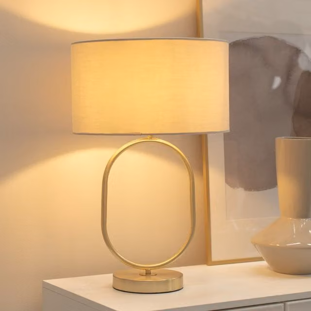 ValueLights Antonia Oval Table Lamp in Brushed Gold with Natural Fabric Drum Shade and LED Bulb