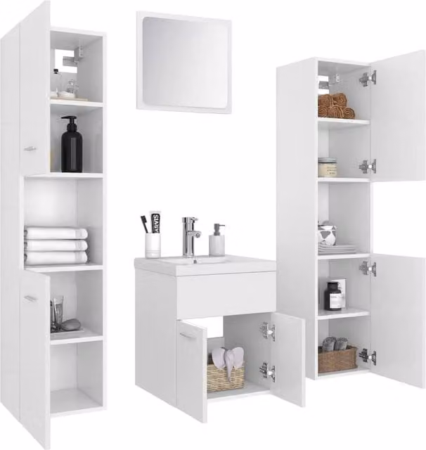 Berkfield Home Modern White Bathroom Furniture Set with Mirror Cabinet, Vanity Unit and Tall Cabinet