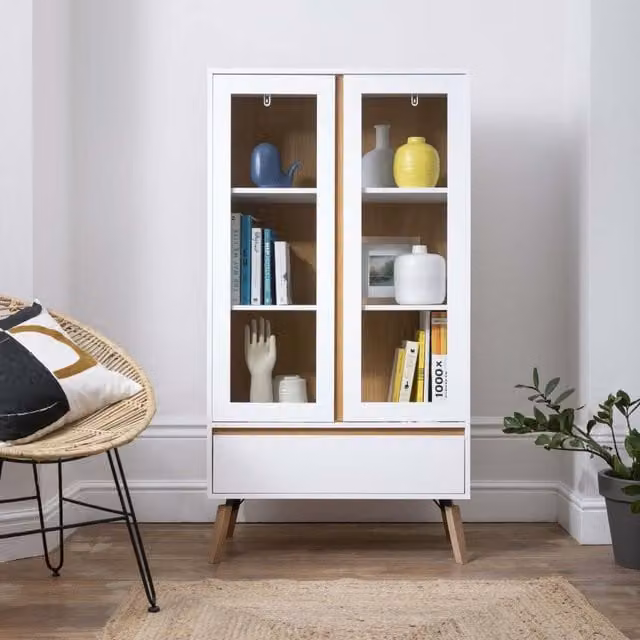 Otto Modern Display Cabinet Dresser in White and Natural Pine with Glass Doors