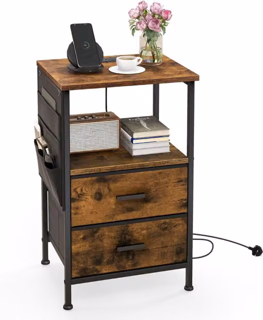 COSTWAY Modern Brown Nightstand with Charging Station and Media Compartments