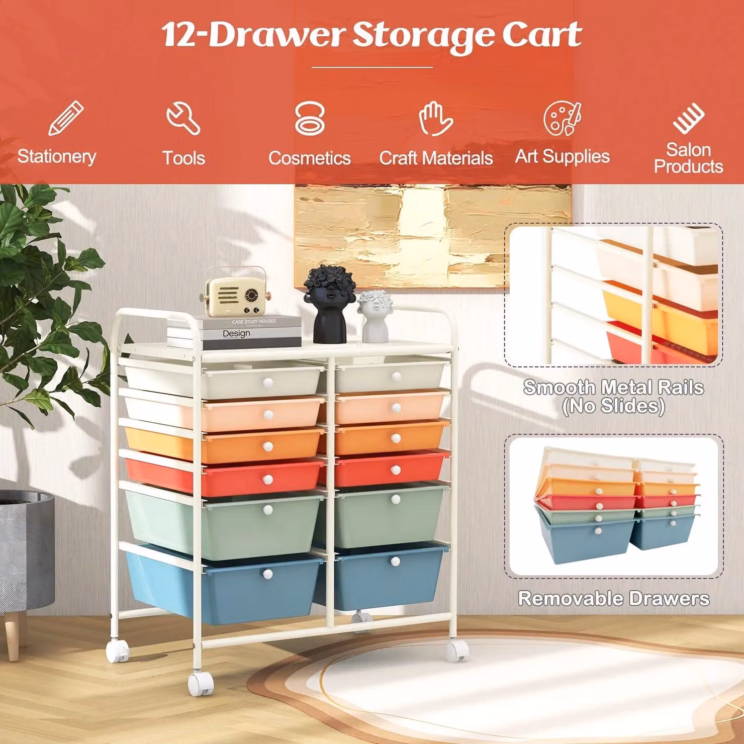 Costway 12 Drawer Rolling Storage Cart with Lockable Wheels and Metal Construction in Multicolour – 3