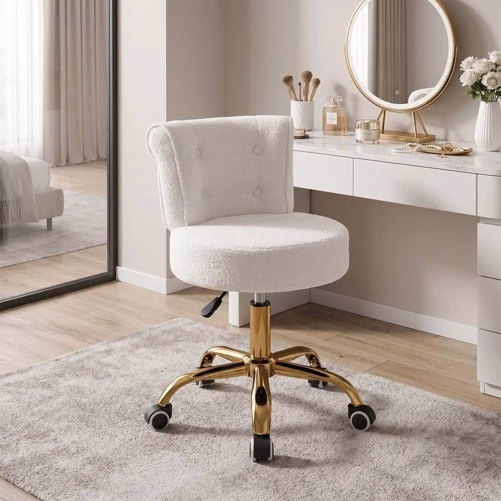 SPETLEK Adjustable Teddy Fleece Swivel Vanity Stool in White and Gold – 2