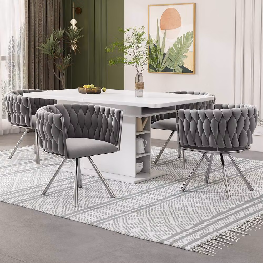 Rolipo Set of 2 Grey Silver Velvet Swivel Dining Chairs with Metal Legs – 2