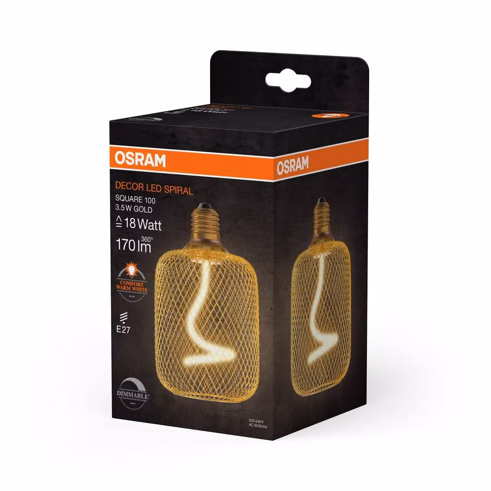 Osram Decor Square LED Spiral Filament Bulb, Gold and Black, 3.5W, Warm White, 170lm, E27, Dimmable, 100mm Diameter – 3