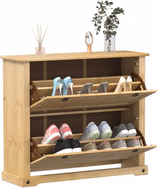 Berkfield Home Corona Shoe Cabinet in Brown Solid Pine Wood, W/D/H: 99 x 32 x 85 cm