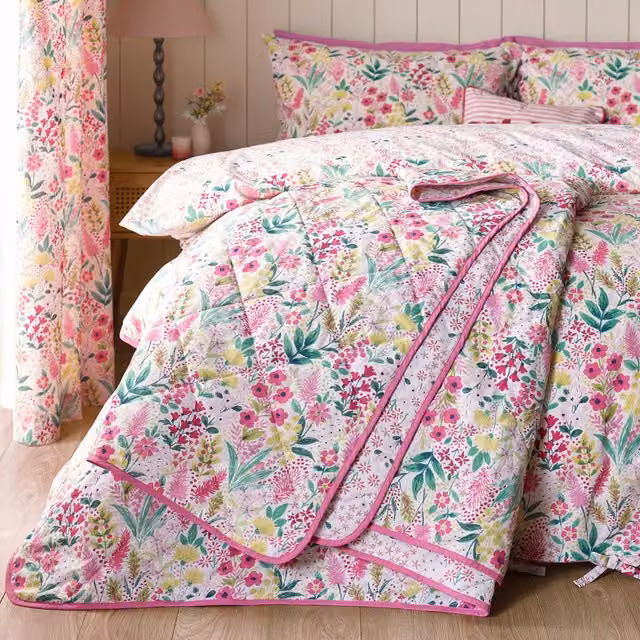 Catherine Lansfield Tilly Floral Reversible Cotton Bedspread Set, Pink, W: 230 cm, D: 220 cm