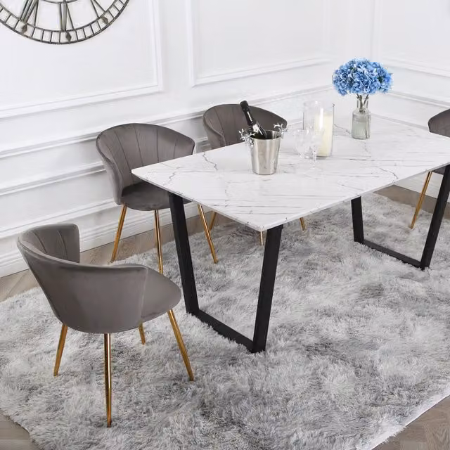 Home Garden Direct Atlas Dining Set with Marble Table and Four Grey Velvet Mill Chairs with Gold Legs