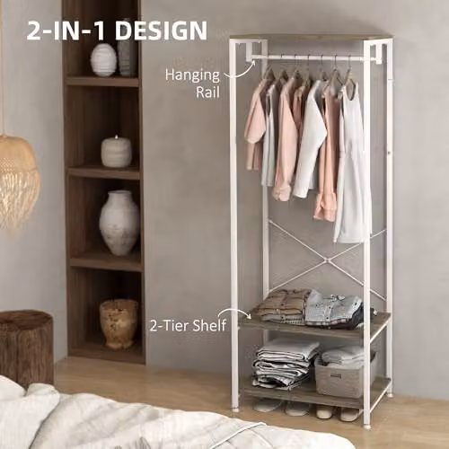 HOMCOM 2-in-1 Hall Tree with Bench and Hanging Rail, Grey and White – 3
