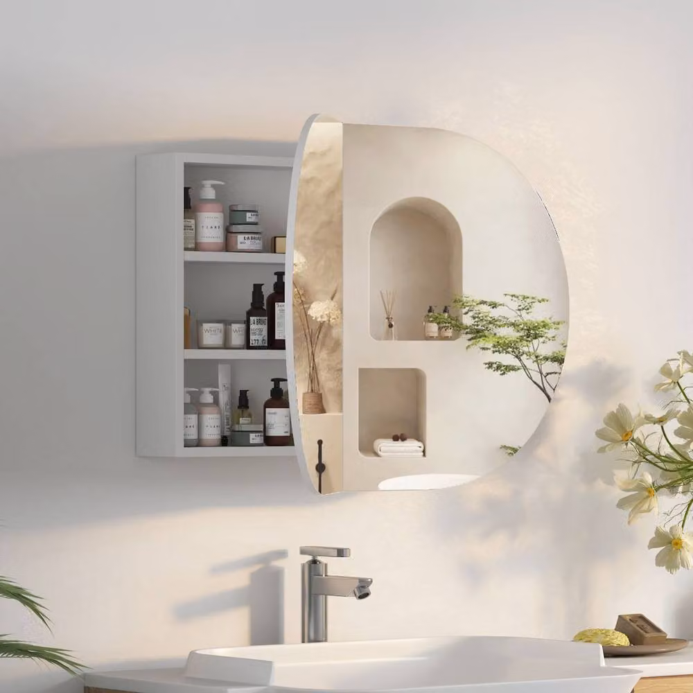 KEEPREAPER Modern White Wall-Mounted Bathroom Mirror Cabinet with Hinged Doors and 5 Storage Compartments – 1