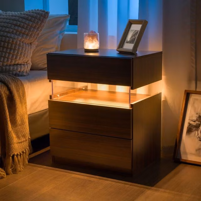 Aosom.UK Modern Walnut Nightstand with Acrylic Board, 3 Drawers and Multi-Colour LED Light, W/D/H: 37.5 x 50 x 60 cm