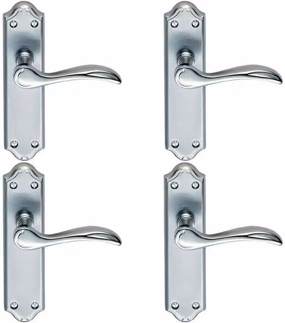 Loops 4 Pairs of Curved Door Handle Levers with Latch Backplate in Satin Chrome, W: 180 mm x H: 45 mm