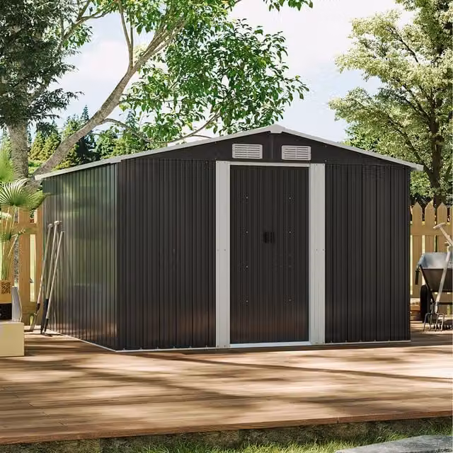 Livingandhome Apex Gable Roof Metal Garden Shed with 4 Plastic Roof Vents in Black