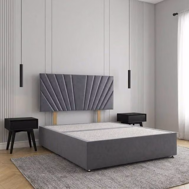 Regional Furnishings Single Plush Velvet Divan Bed Base with 24 inch Headboard in Grey, W/D/H: 90 x 200 x 30.48 cm