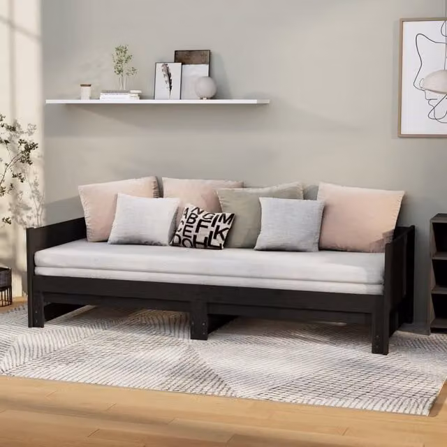 Berkfield Home Black Solid Wood Pine Pull-out Day Bed with Drawers, W/D/H: 180 x 200 x 90 cm
