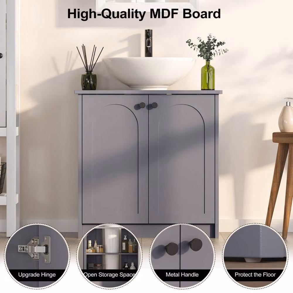 KEEPREAPER Grey Freestanding Under Sink Bathroom Cabinet with 2 Soft Close Doors and Internal Shelves, Width: 60 cm – 2