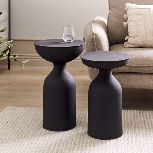 Wyld and Coco Set of 2 Modern Round Black Matt Metal Side Tables
