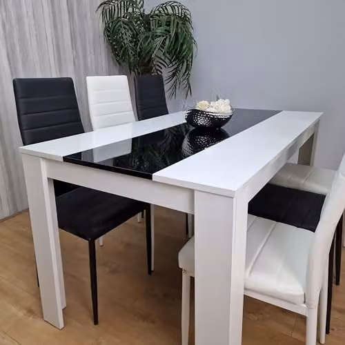 KOSY KOALA Modern Dining Table Set with 6 Black and White Faux Leather Chairs and Black Glass Top, W/D/H: 140 x 80 x 75 cm – 4