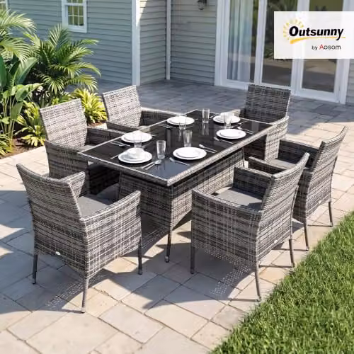 Outsunny 7-Piece Grey Rattan Garden Furniture Dining Set for 6 Adults – 2