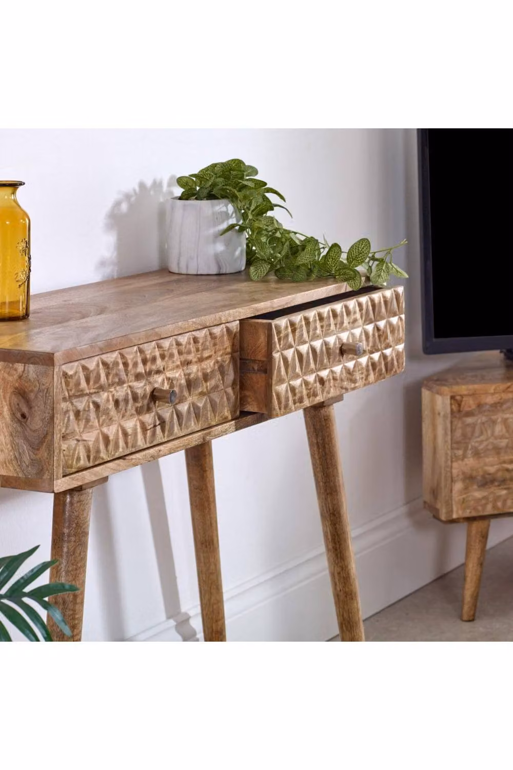 IH Design Cliddesden Solid Mango Wood Console Table with 2 Drawers in Natural, W/D/H: 90 x 35 x 76 cm – 3