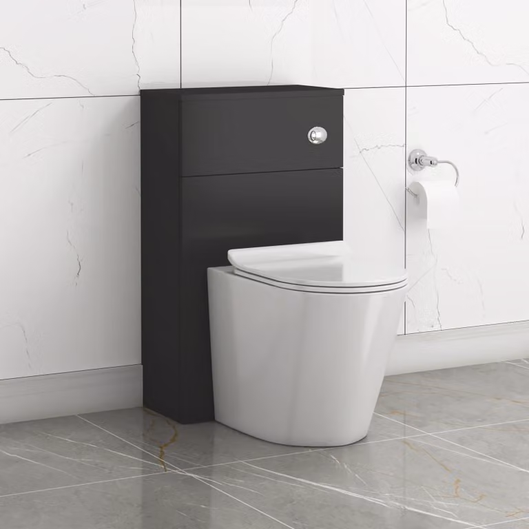 Royal Bathrooms Turin 500mm Matte Black Wall Mounted WC Unit with Cesar White Ceramic Rimless Toilet Pan, Slim Soft Close Seat and Cistern