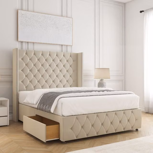 BSSPOKE Mayfair Double Plush Velvet Divan Bed Set with 54 inch Headboard, 2 Drawers and Mattress in Beige, W/D/H: 140 x 200 cm