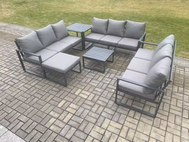 Fimous 10 Seater Grey Powder Coated Aluminium Outdoor Garden Furniture Set with L-Shape Sofa, Coffee Table and Ottoman