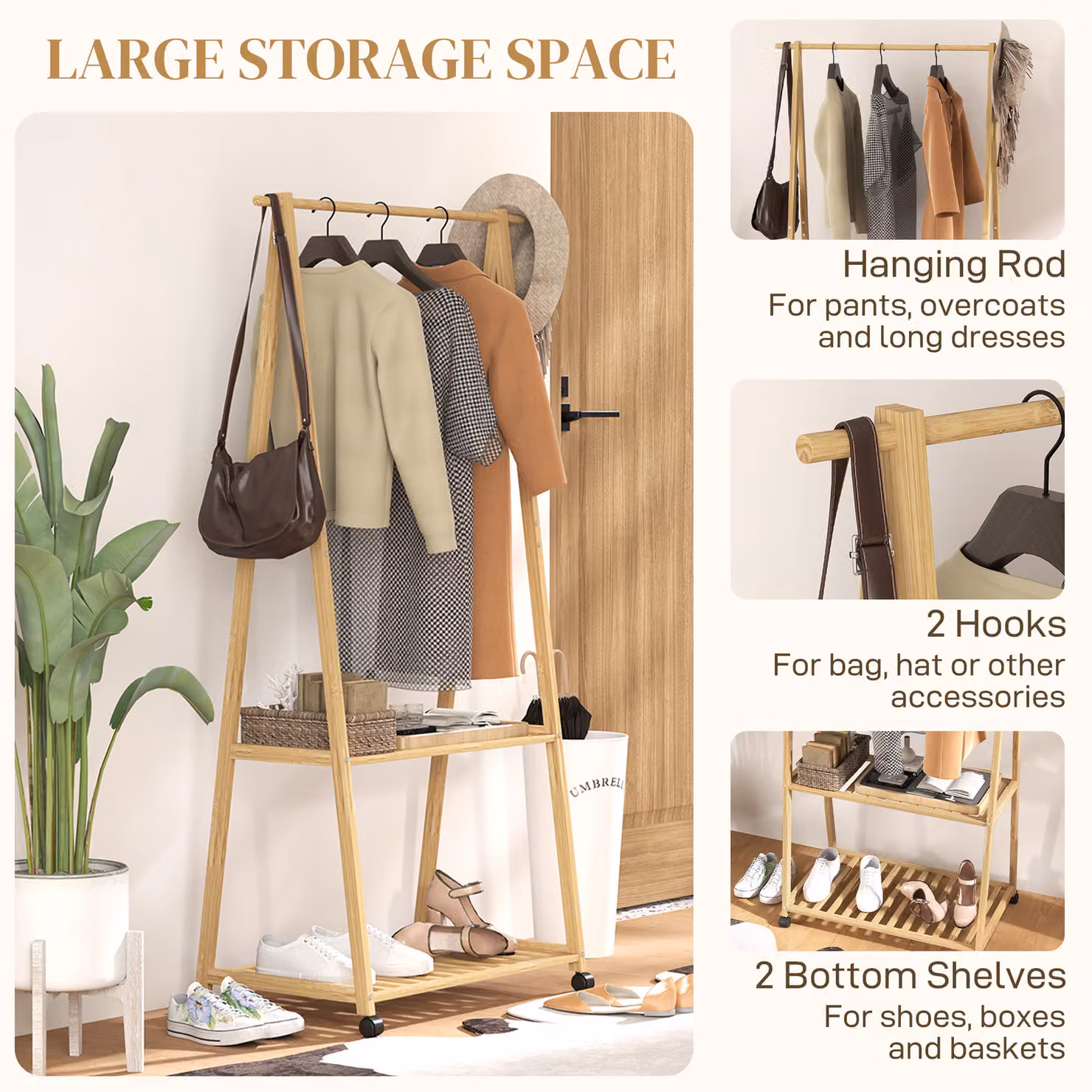 HOMCOM Bamboo Clothes Rack with Shelves and Hooks in Brown and Beige – 3
