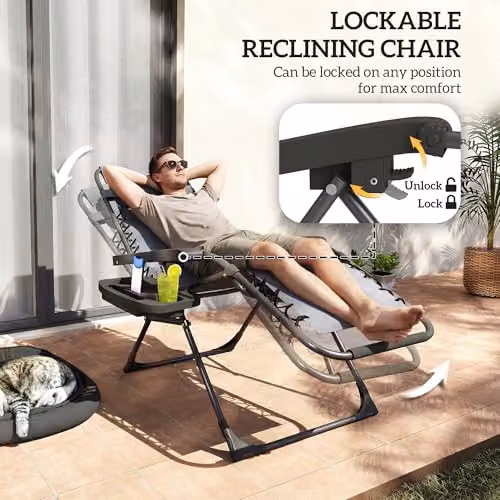 Outsunny Set of 2 Zero Gravity Garden Chairs in Grey with Adjustable Headrest, Side Tray and Cup Holders – 5