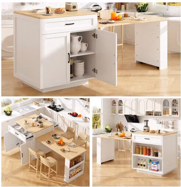 BTM Extendable Bar Table with 2 Drawers and 2 Storage Compartments in White