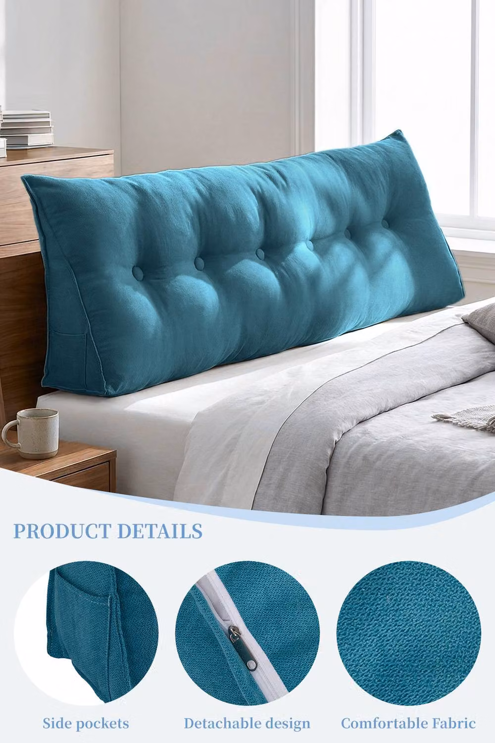 Living and Home Blue Washable Wedge Headboard Pillow with Storage Pocket – 2