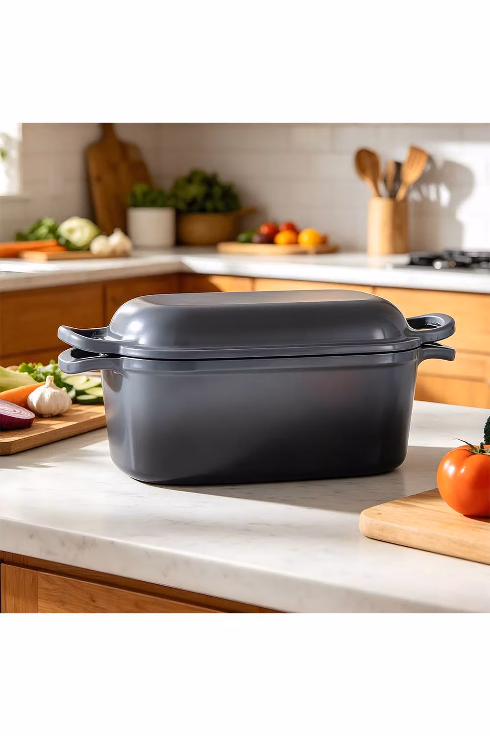 Living and Home 2-Piece Enamelled Cast Iron Loaf Pan and Frying Pan Set with Lid, Grey – 5