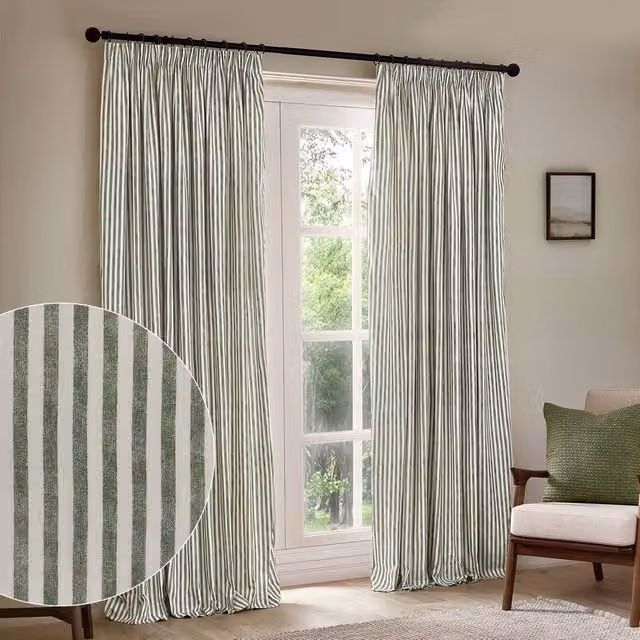 Yard Hebden Striped Green 100% Cotton Blackout Pencil Pleat Curtain Pair, Width: 117 cm, Drop: 137 cm