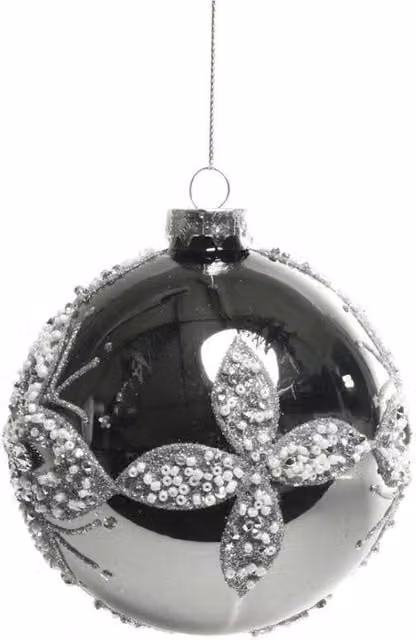 KDMD Grey Glass and Pewter Floral Christmas Baubles, 2 Pack, Diameter: 10 cm