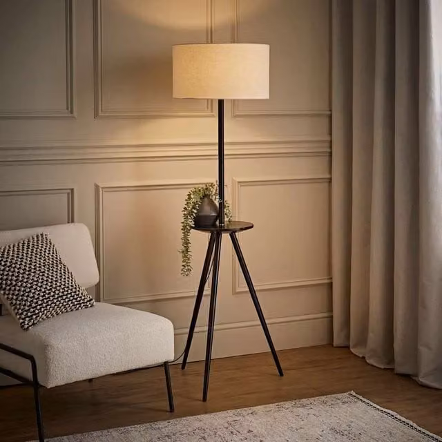 ValueLights Desmond Scandinavian Tripod Floor Lamp with Black Wood Base and Beige Fabric Cylinder Shade