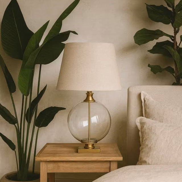 Wyld Haus Lunel Glass Orb Table Lamp with Beige Linen Tapered Shade in Bronze – 1