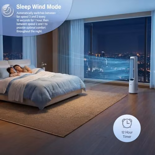 PureMate Bladeless Tower Fan in White with DC Motor, Remote Control, Timer, Sleep Mode and Oscillation – 3
