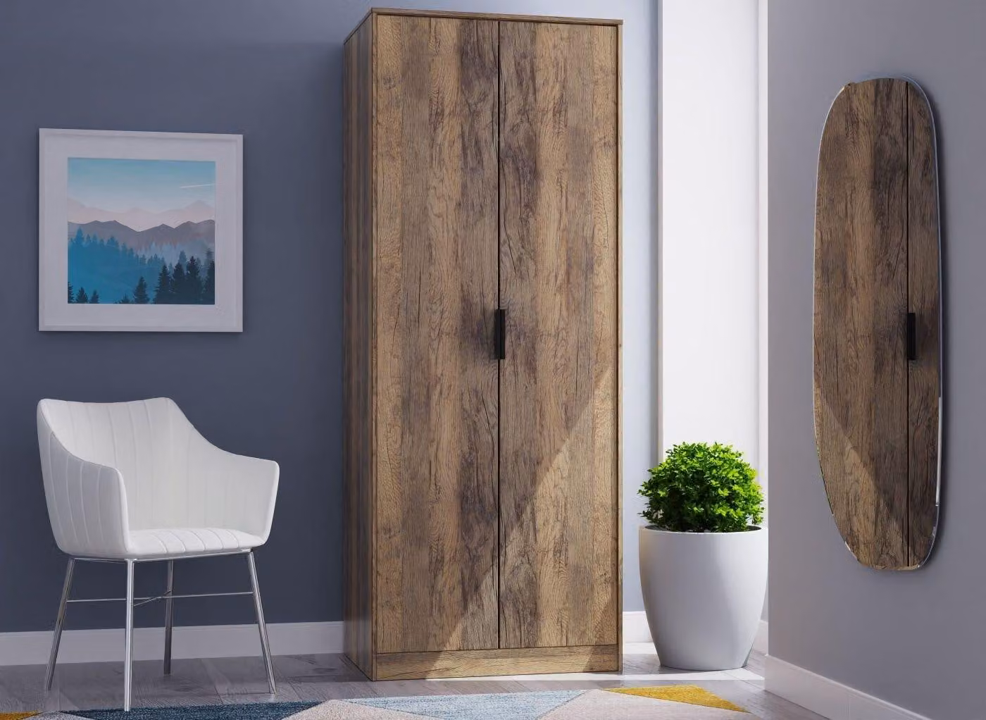 Dakota 2-Door Wardrobe in Oak Brown with Internal Shelves and Hanging Rod
