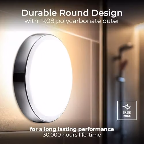 Luceco Eco Round LED Bulkhead Light, Silver and White, 14W, 1300lm, 4000K, IP54 – 3