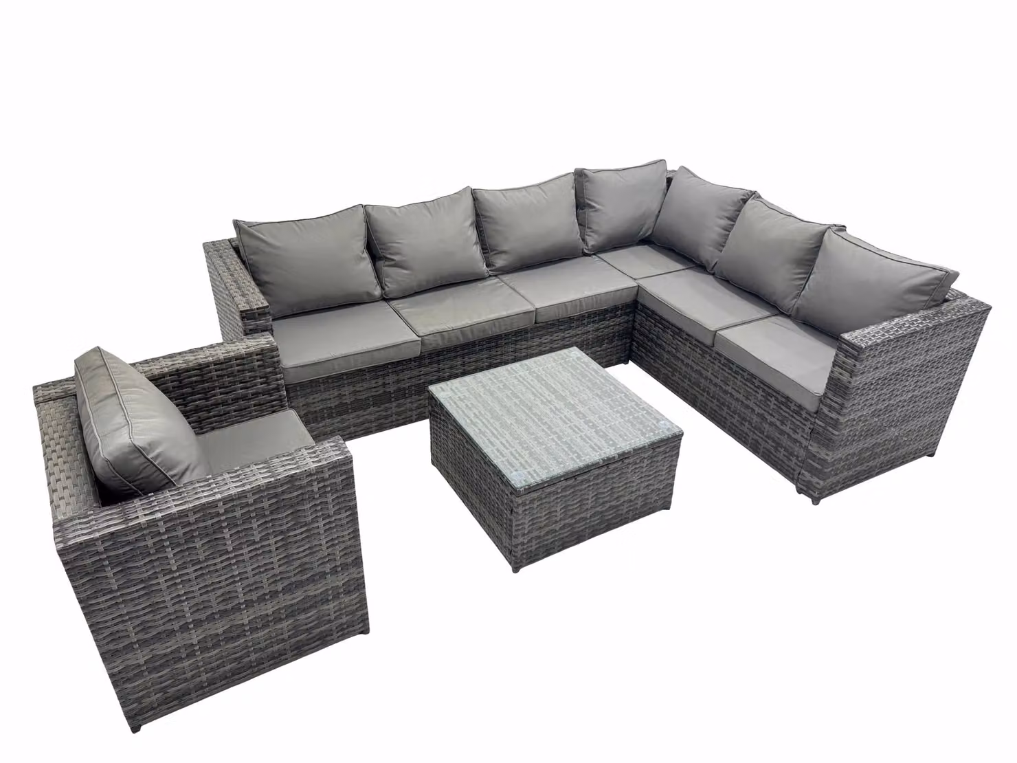 Fimous L-Shape Polyrattan Corner Sofa Set with Square Coffee Table and Upholstered Cushions in Dark Grey – 2