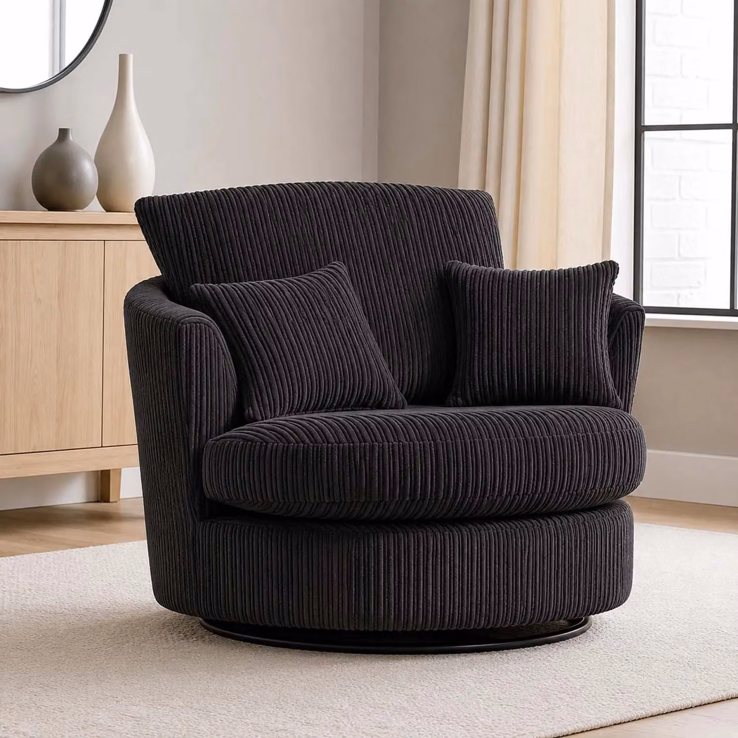 Luxor Living Black Jumbo Cord Fabric 360 Degree Swivel Single Seater Chair – 3